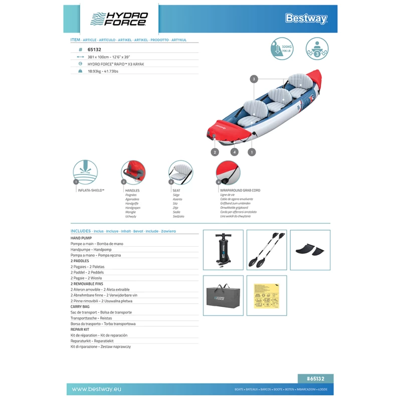 Hydro-Force Rapid X3 Set BESTWAY Φουσκωτό Καγιάκ τριών ατόμων, Μήκος: 3.81m, Αντοχή: 2 (Preview 13)
